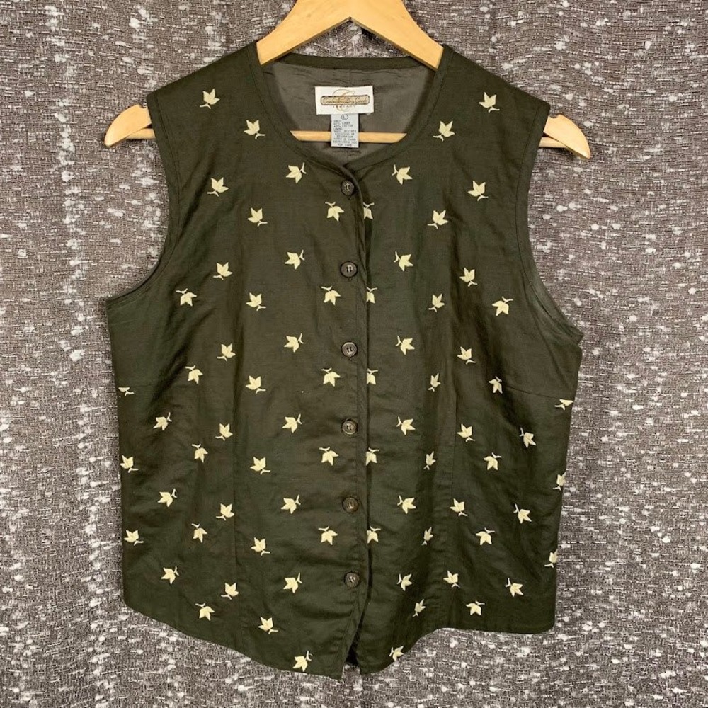 Cambridge Dry Goods Co Green Embroidered Linen Blend Vest Boho Women's Large